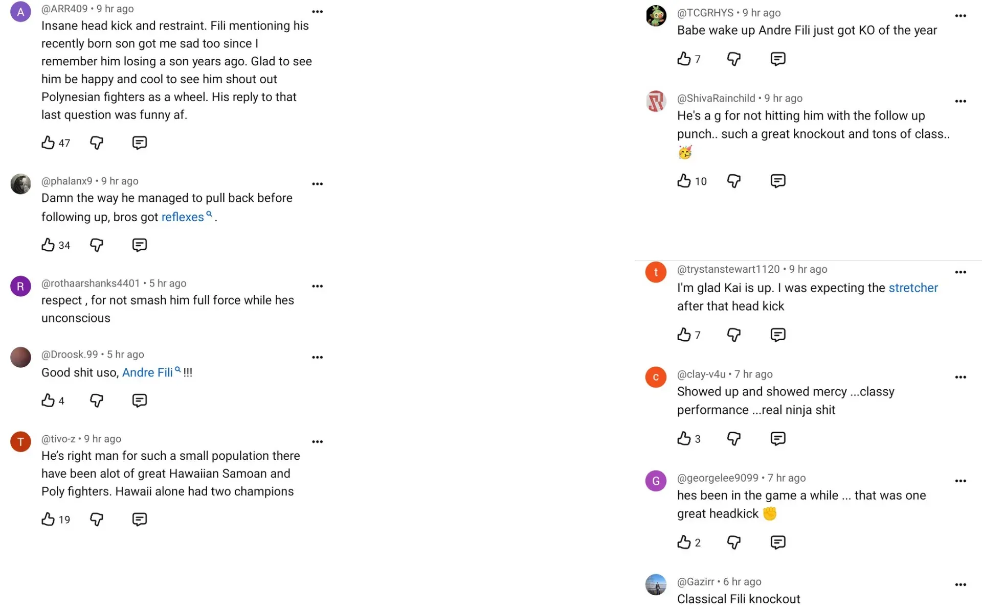 Screenshots of fan reactions to Andre Fili UFC Vegas 122 win